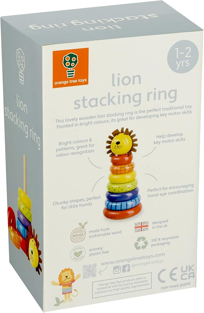 Orange Tree Toys Lion Stacking Ring | Colorful Wooden Educational Puzzle for Toddlers 1+, Sustainably Made, Perfect for Learning Size Differentiation