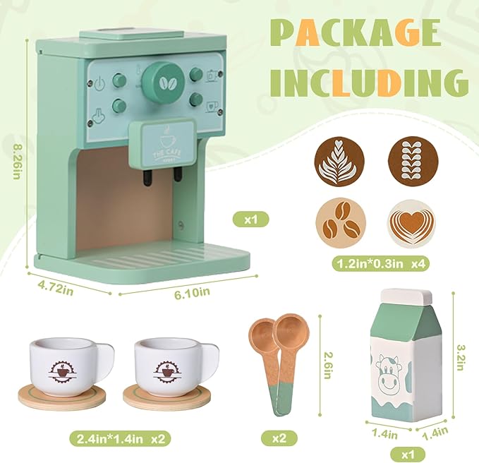 Kids Wooden Coffee Maker Toy Montessori Pretend Play Food Kitchen Accessories,Play Coffee Maker Set for Kids,Espresso Machine Playset Montessori Kitchen Toy for 3 4 5 Year Old Girls&Boys(14 Pcs)