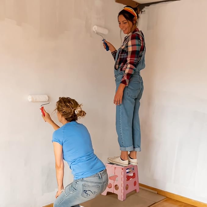 ACKO Folding Step Stool 13 Inch Stool Heavy Duty Plastic Foldable Step Stools for Kids, Stepping Stool with Handle, Folding Stool Suitable for Kitchen Hold Up to 300 LB (Sakura Pink 1PC)