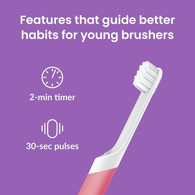 Quip Sonic Toothbrush for Kids with Timer - Includes Extra Brush Head and Travel Cover Mount - Electric, Soft Bristle Refill Head, Rubber Handle, 3 Month Battery Life - Travel Toothbrush - Pink