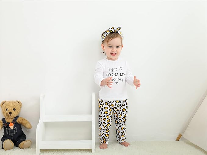 KuKitty 3Pcs Baby Girl Outfits Set Long Sleeve T-Shirt Tops Flowers Pants with Headband