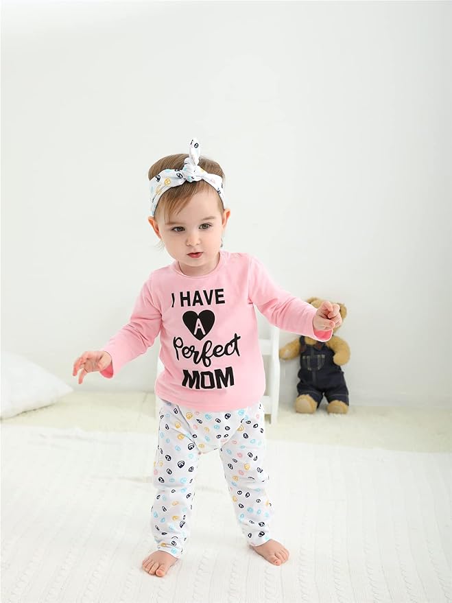 KuKitty 3Pcs Baby Girl Outfits Set Long Sleeve T-Shirt Tops Flowers Pants with Headband