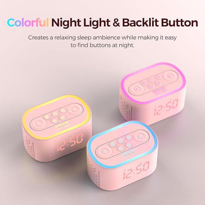 Reacher Pink Alarm Clock & Sound Machine for Girls Room, 21 Soothing Sounds, 7 Wake Up Sounds, 8 Night Lights, 32-Level Volume, Auto-Off Timer, Memory Function, Aesthetic Clock for Bedroom, Home