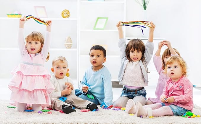 2pcs Baby Natural Wood Bracelet with Bell Rainbow Ribbon Sensory Toy- The Best Sensory Toys for Audiovisual and Motor Development, Encourages Parent-Child Interaction, for Babies Aged 3-24 Months