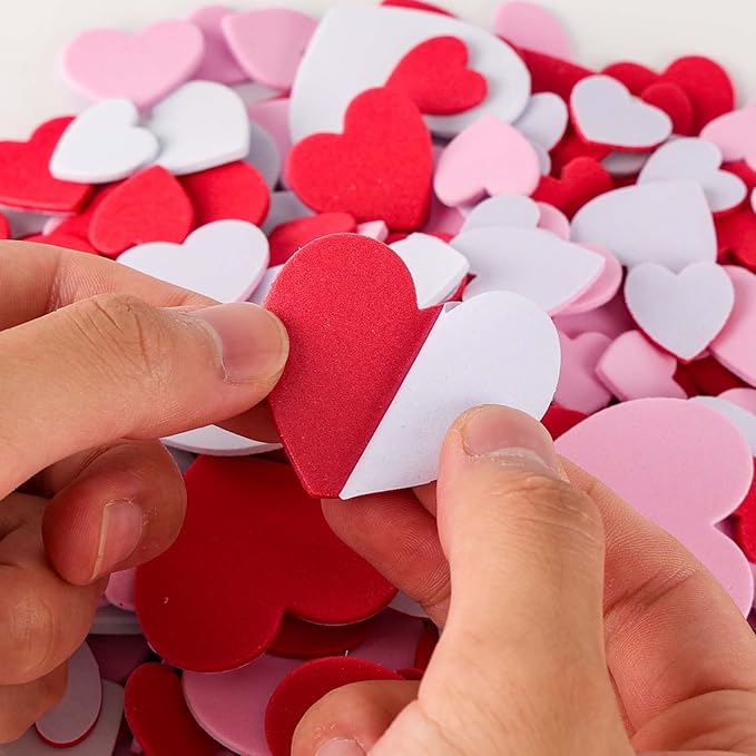 500 pcs Foam Heart Stickers Love Foam Hearts Self Adhesive Stickers Hearts for Valentine's Day Mother's Day DIY Crafts Gift for Kids, Assorted Size, 3 Colors