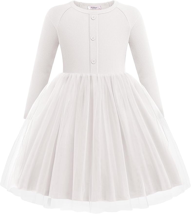 Arshiner Toddler Girls Tutu Dress Long Sleeve Fall Winter Button Front Party Tulle Dresses 2-8Y