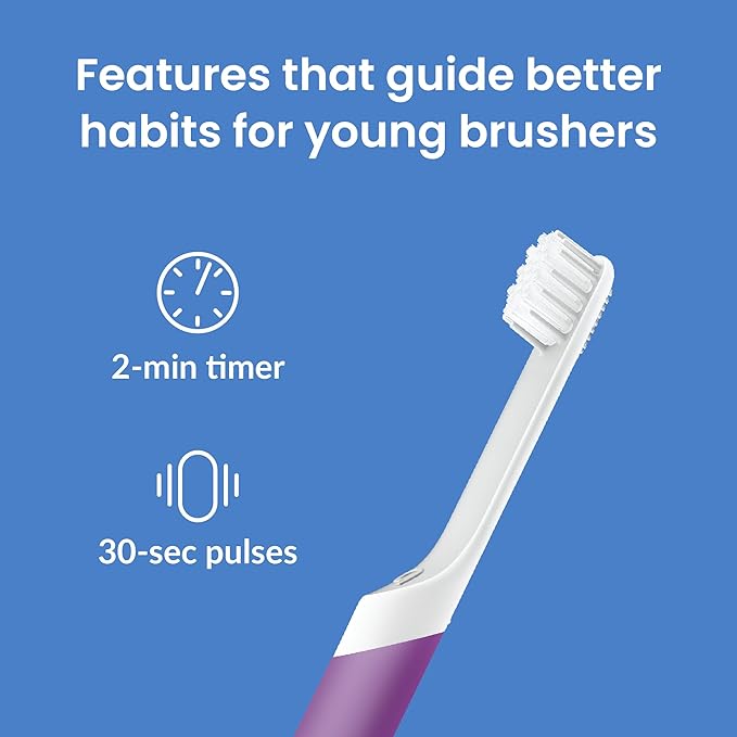 Quip Sonic Toothbrush for Kids with Timer - Includes Extra Brush Head and Travel Cover Mount - Electric, Soft Bristle Refill Head, Rubber Handle, 3 Month Battery Life - Travel Toothbrush - Purple