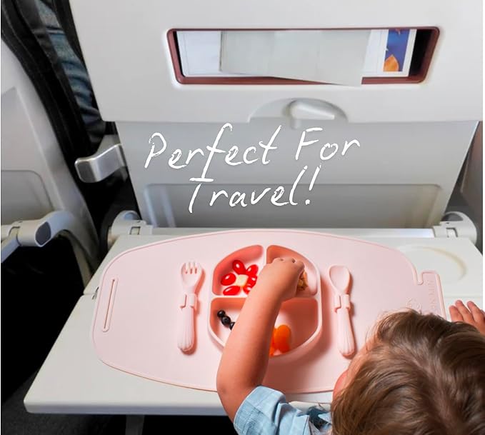 Modern Mini - Silicone Suction Plate, Baby Toddler, Divided Plate with Fork & Spoon - Unbreakable, Non-Toxic, Food Grade Silicone, Strong Suction Grip, Spill Proof, & Foldable for Travel!