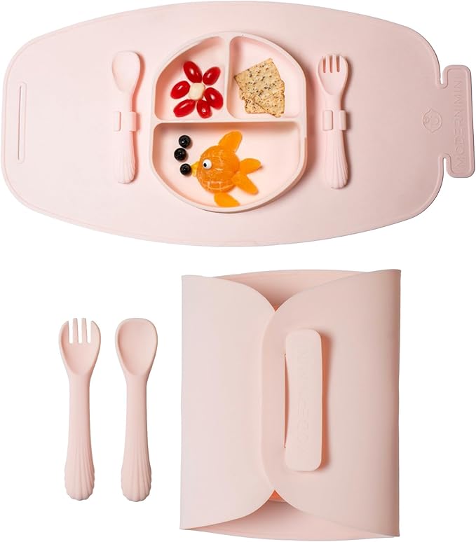Modern Mini - Silicone Suction Plate, Baby Toddler, Divided Plate with Fork & Spoon - Unbreakable, Non-Toxic, Food Grade Silicone, Strong Suction Grip, Spill Proof, & Foldable for Travel!