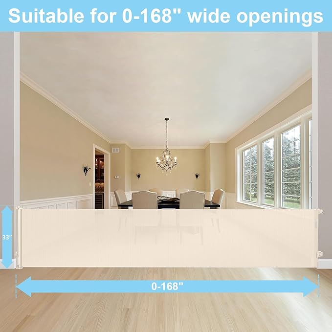 168 Inch Extra Large Baby Gates Extra Wide Retractable Baby Gates Indoor Child Gate for Wide Openings Extra Large Toddler Gate Mesh Kid Gate for Large Opening Outdoor Safety Baby Gates for Dog (Beige)