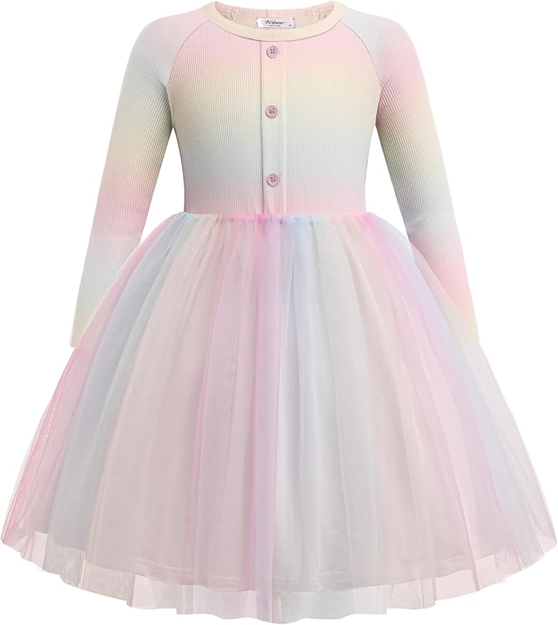 Arshiner Toddler Girls Tutu Dress Long Sleeve Fall Winter Button Front Party Tulle Dresses 2-8Y