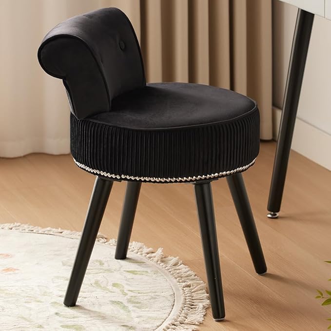 Vanity Stool with Back -Black Velvet Vanity Chair with Back Small Vanity Makeup Vanity Chair Velvet Vanity Stool Chair Tufted Accent Chairs Makeup Chair for Vanity for Women Girls and Kids(Black)