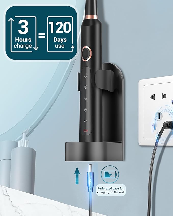 Rtauys M5 Sonic Electric Toothbrush for Adults and Kids - Rechargeable Electric Toothbrush Kids Ages 12+ and Adults with 8 Brush Heads & Travel Case, 120 Days Battery Life - Black