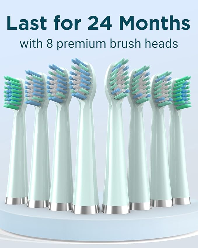 Rtauys M5 Sonic Electric Toothbrush for Adults and Kids - Rechargeable Electric Toothbrush Kids Ages 12+ and Adults with 8 Brush Heads & Travel Case, 120 Days Battery Life - Light Green