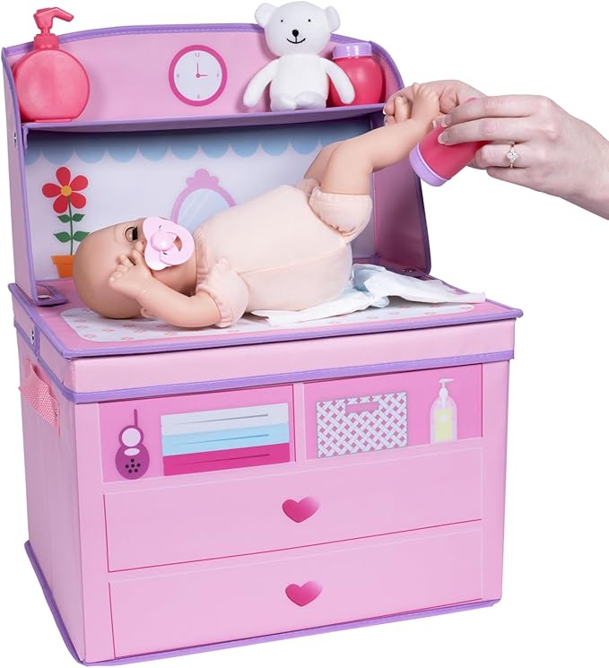 ADORA Realistic Perfectly Pink Baby Doll Set with Changing Table and 10-Piece Accessories, Includes Storage Box, Diapers, and Pacifier, Gift for Ages 3 and Up