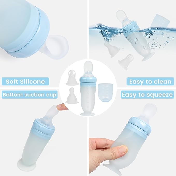 Baby Multifunctional Complementary Food Bottle, Silicone Milk Bottle 3-in-1, Including Dispensing Spoon, Regular Nipple and Fruit Puree Feeding Nipple, Auxiliary Weaning Bottle