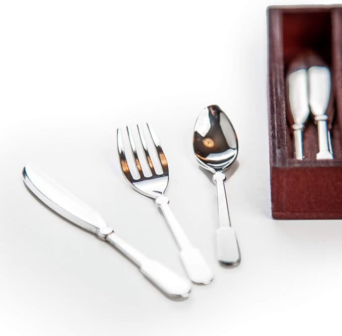 The Queen's Treasures 18 Inch Doll Kitchen Food Accessories,13 Piece Colonial Flatware Utensil Set, 4 Knives, 4 Forks, 4 Spoons, and Wooden Silverware Tray. Compatible For Use With American Girl Dolls