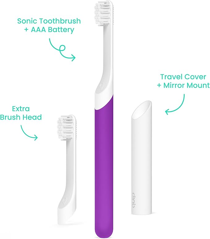 Quip Sonic Toothbrush for Kids with Timer - Includes Extra Brush Head and Travel Cover Mount - Electric, Soft Bristle Refill Head, Rubber Handle, 3 Month Battery Life - Travel Toothbrush - Purple