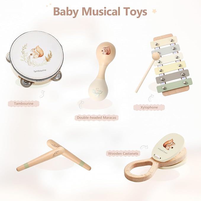 Baby Musical Instruments Set Wooden Montessori Musical Toys for Toddlers Neutral Colors Percussion Instruments Set with Modern Boho Xylophone Tambourine Educational Musical Toys for Preschool Kids