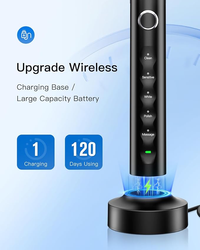 Rtauys Electric Toothbrush for Adults and Kids, Wireless Rechargeable Tooth Brush with 8 Replacement Heads, One Charge for 120 Days, 5 Modes Toothbrush with Travel Case, Black