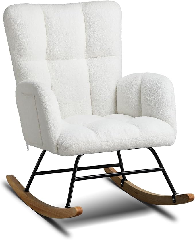 COMHOMA Nursery Rocking Chair, Teddy Upholstered Glider Rocking Chair with Side Pockets, Accent Chair with High Backrest Reading Chair for Adult, Nursery, Bedroom, Living Room,Offices (White)