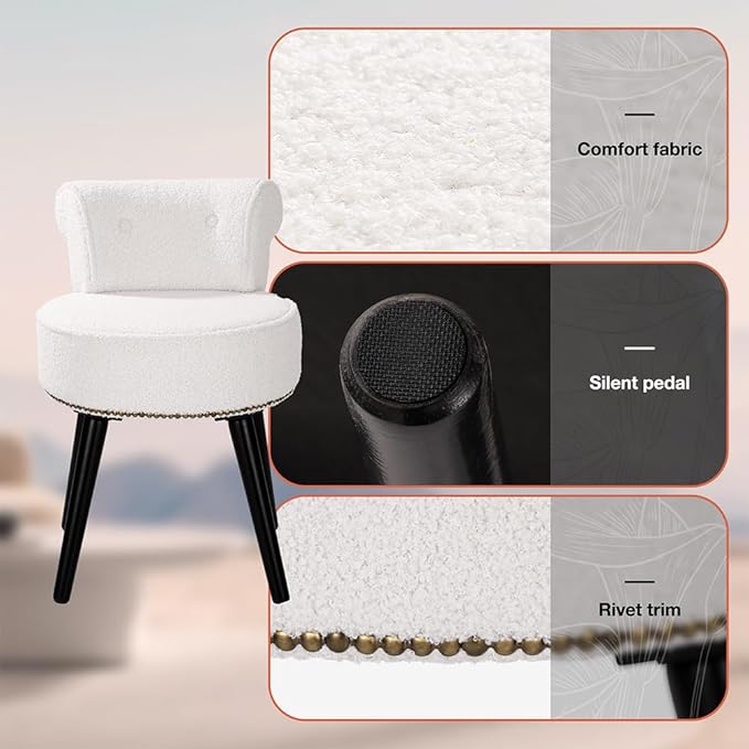 Sherpa Vanity Chair with Back Small Makeup Chair with Wood Legs Sherpa Vanity Stool Tufted Accent Chairs with Low Back Makeup Chair for Vanity for Women Girl and Kids (White)