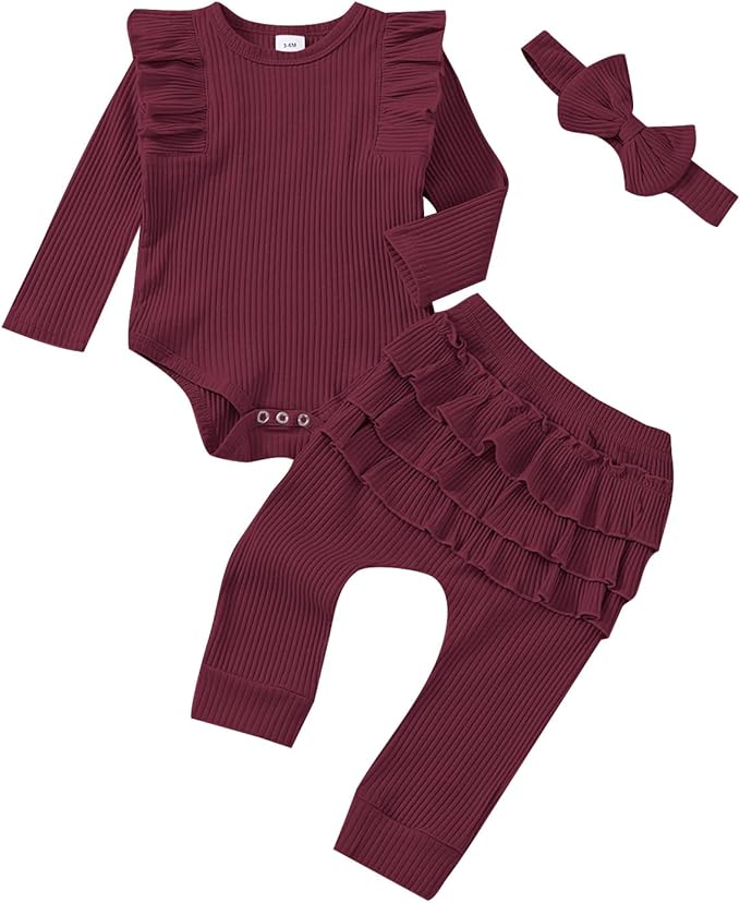 Baby Girl Clothes Newborn Infant Fall Winter Outifts Ribbed Ruffle Long Sleeve Romper Pant Outfit Set 3pcs 0-18Months