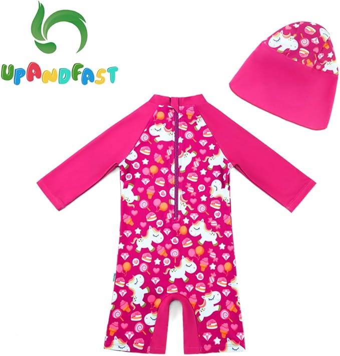 upandfast Baby/Toddler Swimsuit UPF 50+ Sun Protection One Piece Zipper Bathing Suit with Sun Hat Infant Beach Swimwear