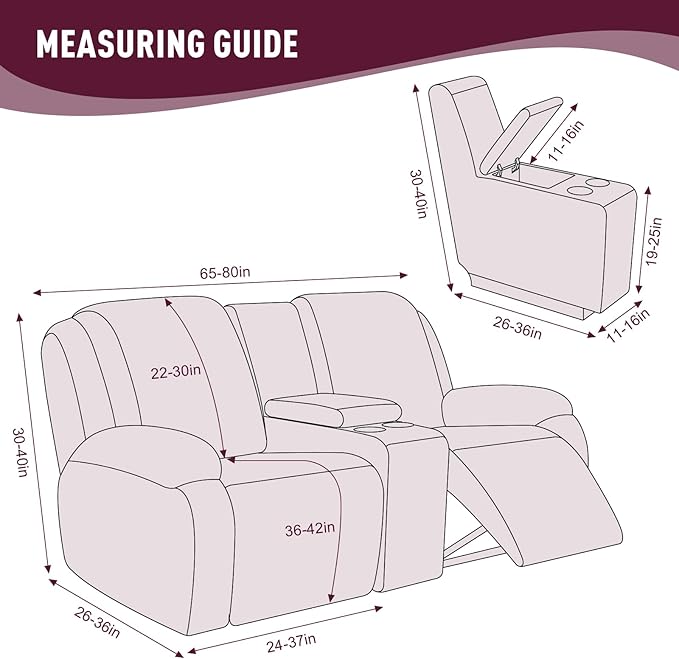 KinCam Loveseat Recliner Covers with Middle Console Slipcover, Recliner Sofa Covers 2 Seat Couch Cover Stripe Jacquard Furniture Protector Covers with Elastic Bottom for Kids, Pets (Burgundy)