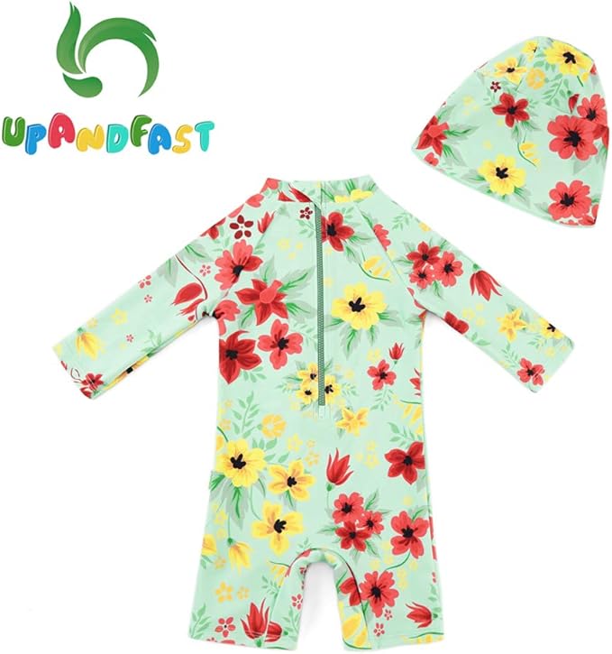 upandfast Baby/Toddler Swimsuit UPF 50+ Sun Protection One Piece Zipper Bathing Suit with Sun Hat Infant Beach Swimwear