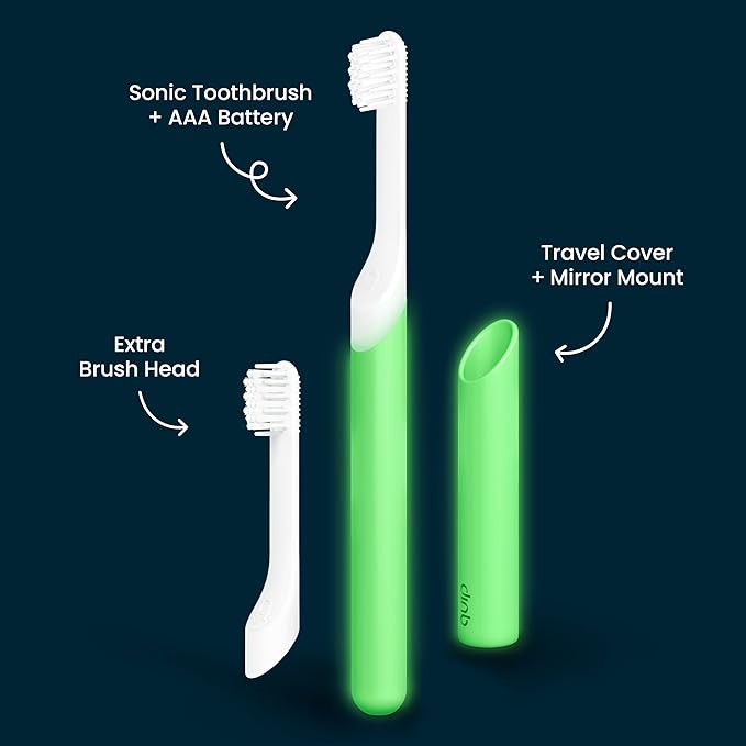 Quip Sonic Toothbrush for Kids with Timer - Includes Extra Brush Head and Travel Cover Mount - Electric, Soft Bristle Refill Head, Rubber Handle, 3 Month Battery Life - Glow in The Dark, Green