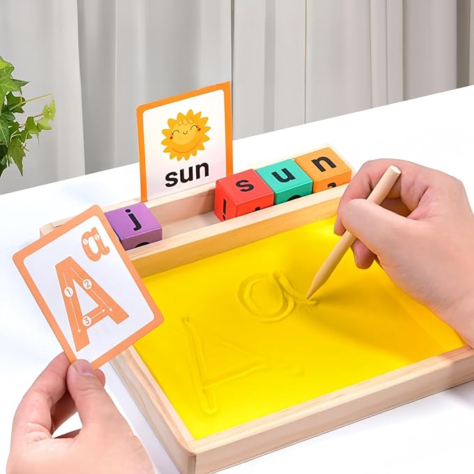 Wooden Sand Writing Tray β Educational Sand Tray for 3 Year Old Kids with Cards, Blocks & Pen β Trace Letters, Numbers & Draw β Perfect Preschool & Classroom Gift.