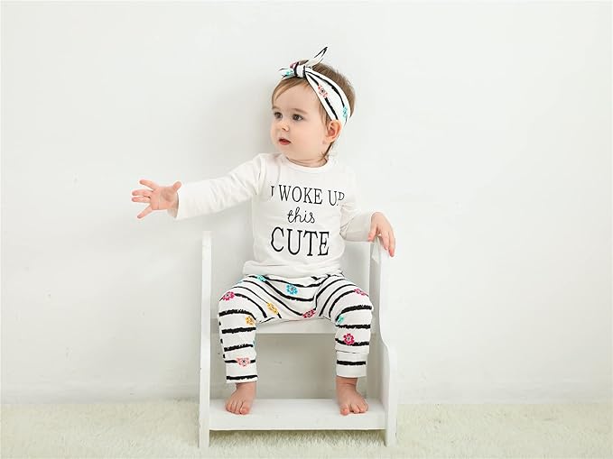 KuKitty 3Pcs Baby Girl Outfits Set Long Sleeve T-Shirt Tops Flowers Pants with Headband