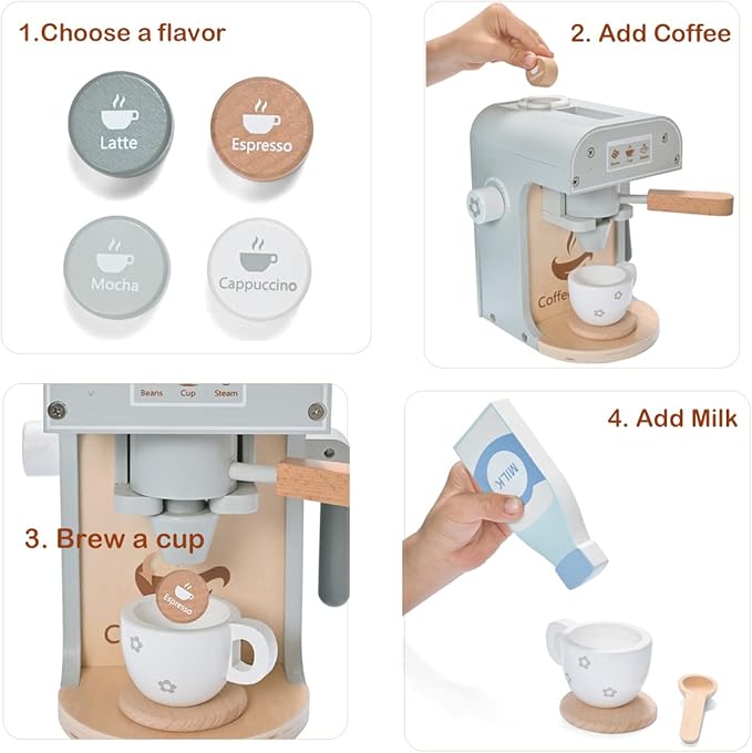 Kids Wooden Toys Toddler Pretend Play Kitchen Accessories Coffee Maker Espresso Machine Playset Montessori Kitchen Toy Gift for Girls and Boys