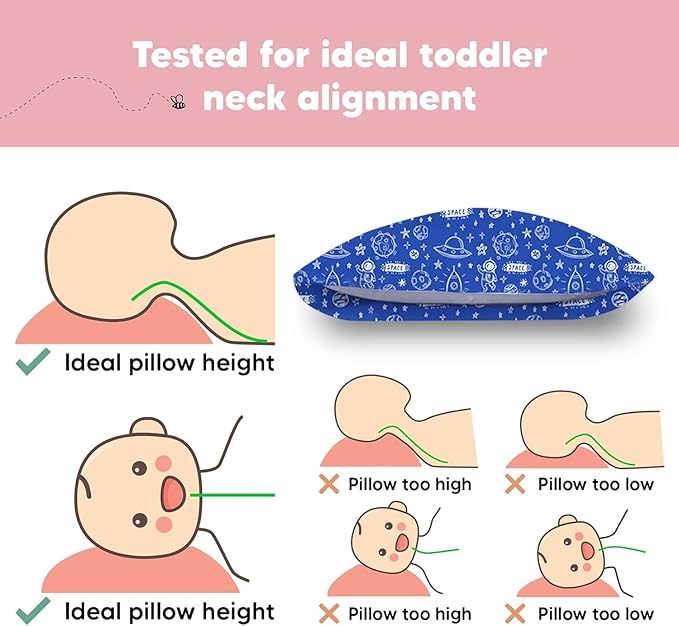 Toddler Pillow with Pillowcase - 13x18 My Little Dreamy Pillow, Organic Cotton Toddler Pillows for Sleeping, Kids Pillow, Travel Pillows,Mini Pillow,Nursery Pillow,Toddler Bed Pillow (Off to Space)