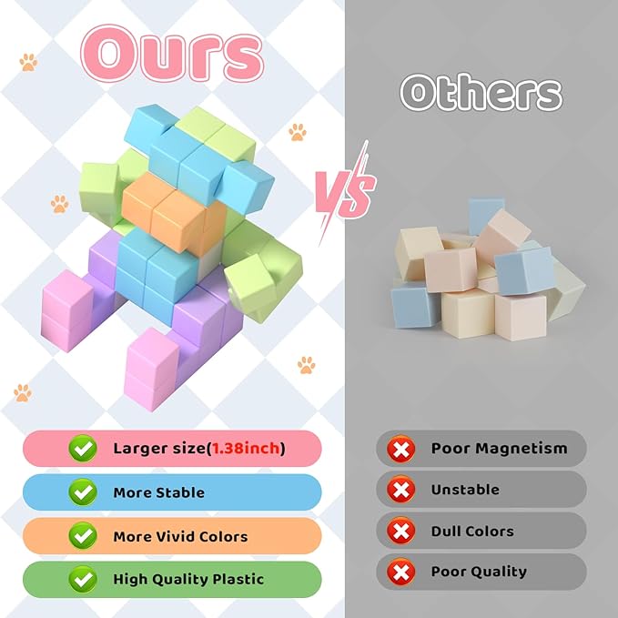 60pcs Magnetic Blocks - 1.38 inch Large Magnetic Building Blocks for Toddlers, Colorful Magnetic Cubes Preschool Educational Sensory Toys, Creative Learning Kids Blocks for Boys Girls Aged 3+