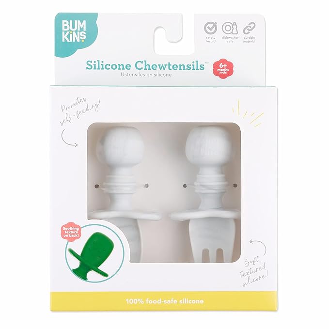 Bumkins Baby Utensils Set, Chewtensils Silicone Spoons for Dipping, Self-Feeding, Baby Led Weaning, Trainer Learning, First Stage Eating, Soft Practice Fork and Spoon, Babies 6 Months, Marble