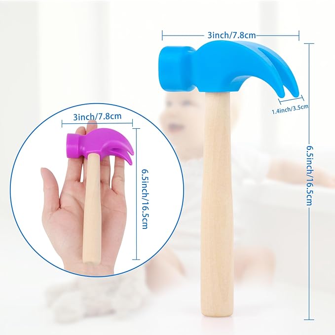 2 Pack Wooden Hammer Toys Simulation Hammers Maintenance Tools Educational Toys for Kids Birthday Party Games Supplies (Blue + Purple)