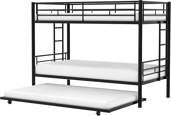 VECELO Twin Over Twin Bunk Bed with Trundle, Convertible Metal Bunkbeds with 2 Ladders and Guardrails, Space Saving, No Box Spring, Black