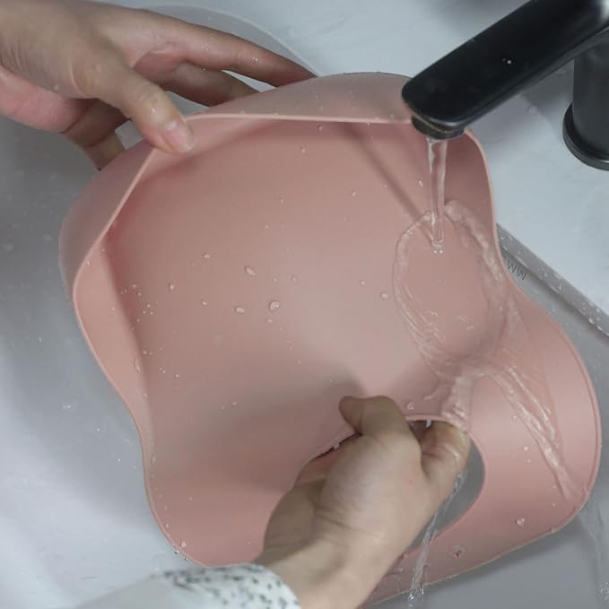 Ginbear Baby Bowls with Suction, Silicone Bibs, Baby Spoons, Baby Led Weaning Supplies, Toddler Feeding Set for Ages 6 Months+ (Baby Pink)