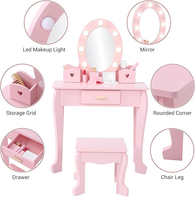 Kids' Vanity Set with Mirror and Light, Makeup Table and Stool for Girls, Vanity Table and Chair Set with Wood Makeup Playset for 4-9 Girls, Pink (Batteries Not Included)