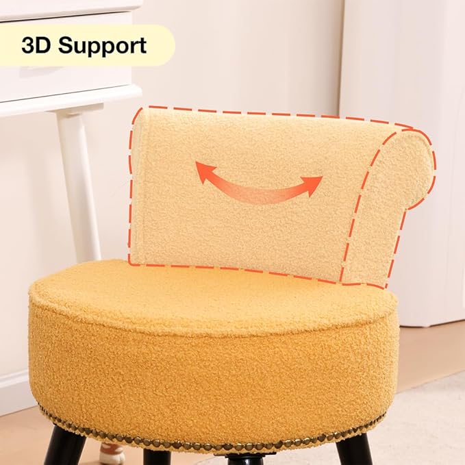 Sherpa Vanity Chair with Back Small Makeup Chair with Wood Legs Sherpa Vanity Stool Tufted Accent Chairs with Low Back Makeup Chair for Vanity for Women Girl and Kids (Yellow)