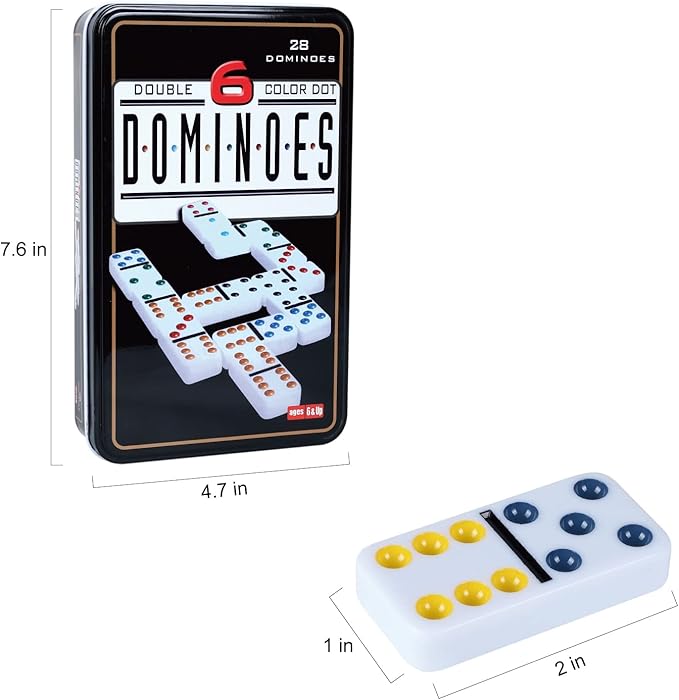 Double Six Dominoes, 28 Tile Colored Dots Domino Game Set with Tin Box, Classic Family Board Games for Kids, Adults and Families for 2-4 Players