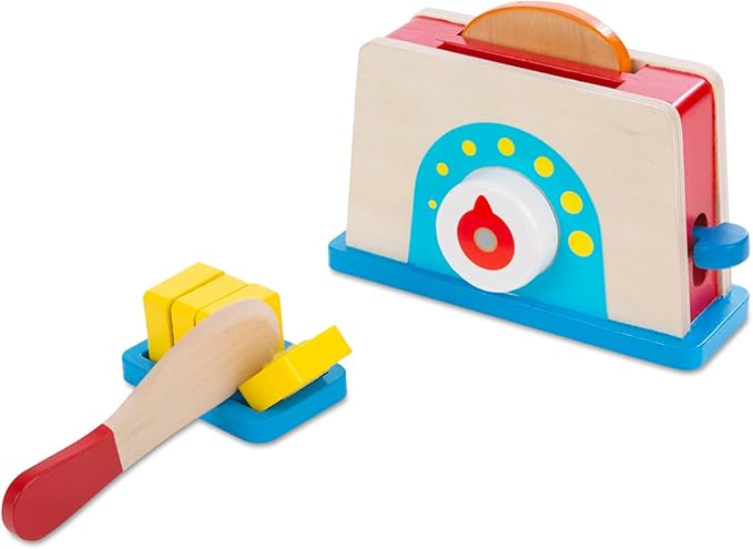 Melissa & Doug Bread and Butter Toaster Set (9 pcs) - Wooden Play Food and Kitchen Accessories