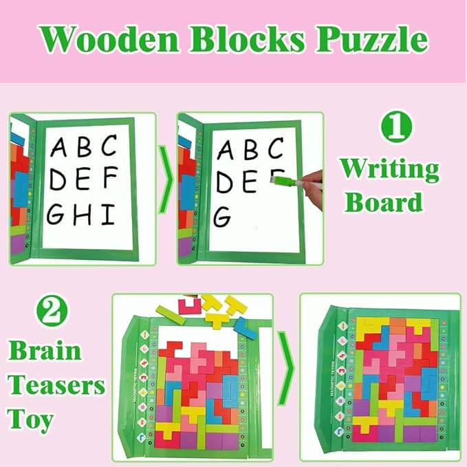 Wooden Blocks Puzzle Brain Teasers Toy (Magnetic version), Travel Tangram Puzzle - Magnetic Pattern Block Book Road Trip Game Jigsaw Shapes Dissection STEM Games with Solution for Kid Adult Challenge