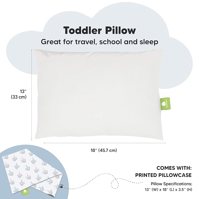 Toddler Pillow with Pillowcase - 13x18 My Little Dreamy Pillow, Organic Cotton Toddler Pillows for Sleeping, Kids Pillow, Travel Pillows, Mini Pillow, Nursery Pillow, Toddler Bed Pillow (Moon Sloth)