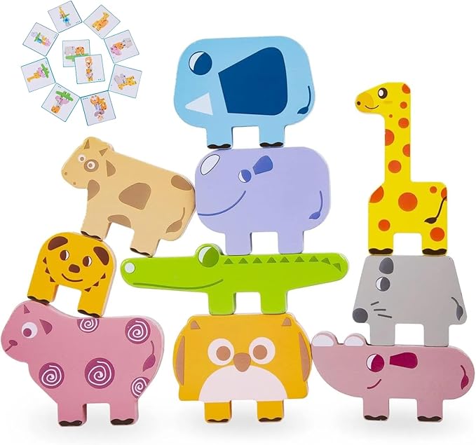Toddler Toys Wooden Animal Blocks - Sorting & Stacking Montessori Toys for 3 4 Year Old Boys Girls, 10Pcs Wood Blocks with Storage Bag, Kids Educational Puzzle Balance Toys Birthday