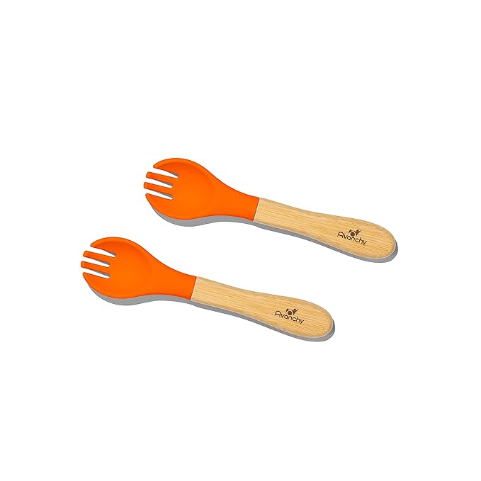 Avanchy Baby Fork Set, Bamboo and Silicone Spork Utensils, Toddler Baby Led Weaning Silverware Cutlery Flatware, Kids First Self Feeding