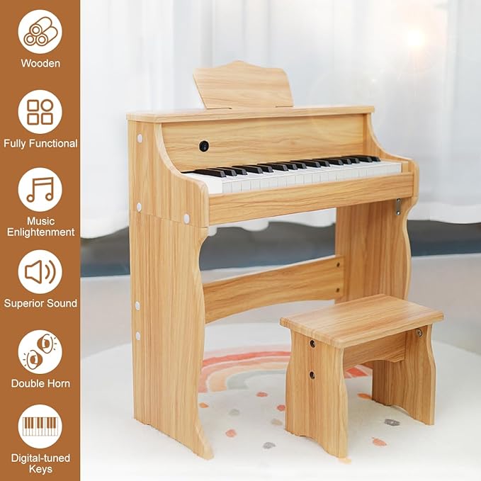 Wooden Kids Piano, 37 Keys Toddler Piano Music Educational Instrument Toy with Music Stand, Color Coded keyboard Stickers, Multiple Sounds and Record Playback, Gift for 3 4 5 6 7 8 9Years Old