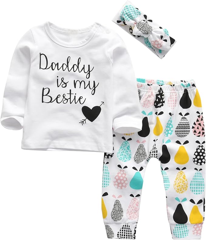 KuKitty 3Pcs Baby Girl Outfits Set Long Sleeve T-Shirt Tops Flowers Pants with Headband